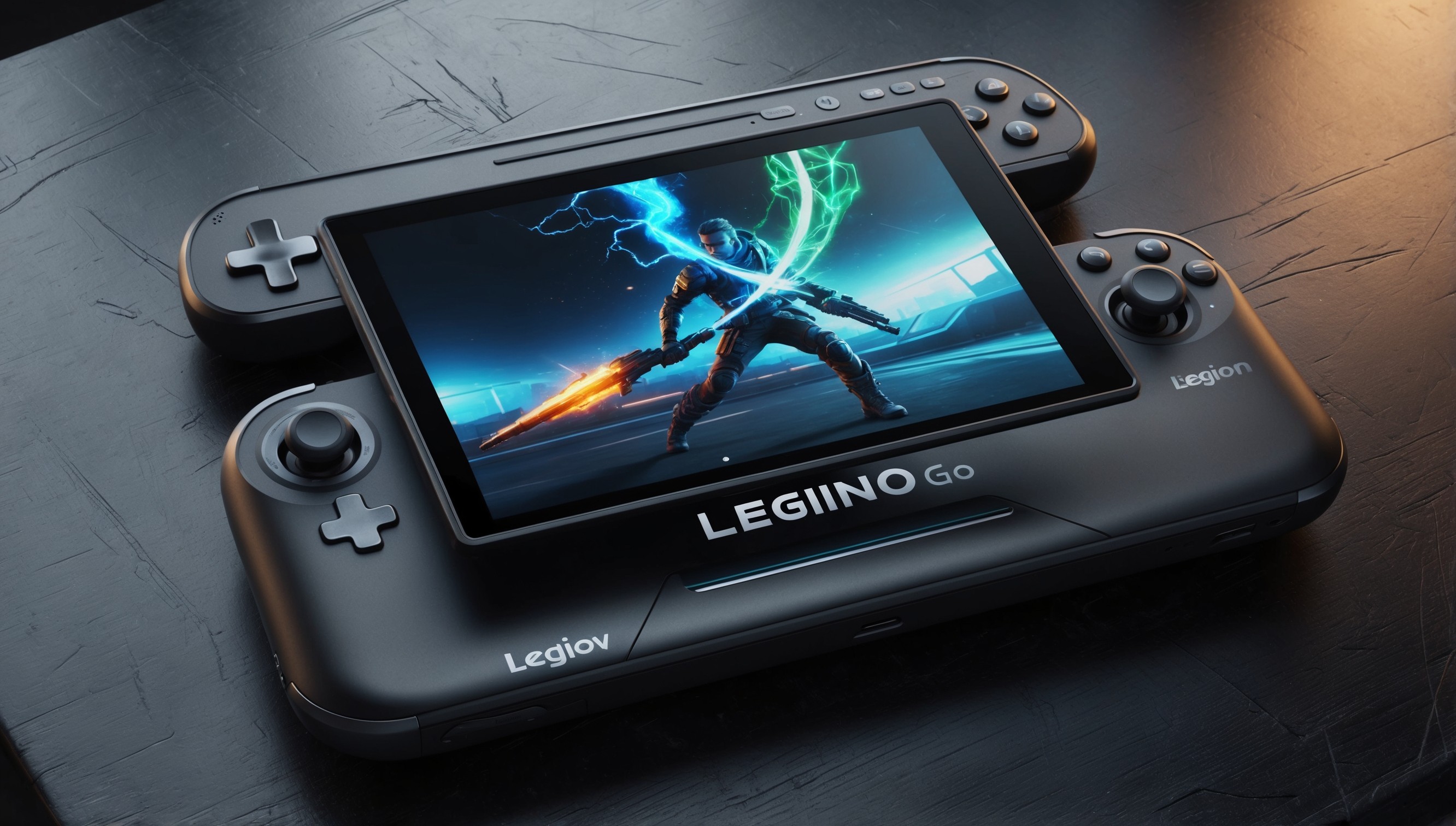 A sleek and modern Lenovo Legion Go handheld gaming console with a prominent 7-inch high-definition touchscreen display dominating the front, surrounded by a sturdy and ergonomically designed game controller with precision-crafted buttons, a directional pad, and analog sticks, all in a matte black finish with subtle Legion branding in metallic silver, resting on a darkened wooden tabletop with subtle scratches and faint shadows, illuminated by a soft, warm overhead light, with the console's screen glowing softly with a futuristic, high-tech interface featuring vibrant hues of electric blue and neon green, showcasing a popular action-adventure game in motion, with minor wear and tear on the console's edges and corners, hinting at extensive use and endless gaming sessions.