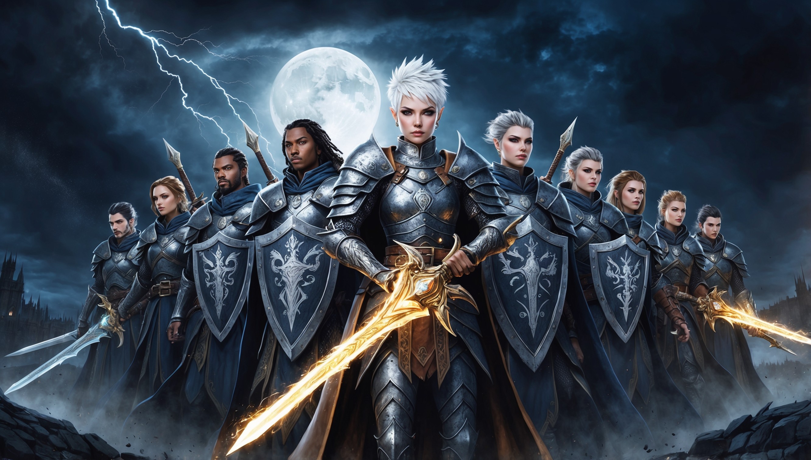 A dramatic, high-fantasy illustration of The Veilguard, a mystical organization from the Dragon Age universe, set against a backdrop of a stormy, moonlit night sky with subtle, eerie mist. In the foreground, a group of heroes, clad in armor adorned with intricate, silver Veilguard insignia, stand united, ready for battle, with varied facial features and skin tones, showcasing their diverse backgrounds. One warrior, a female with short, spiky white hair and piercing emerald eyes, stands at the forefront, holding a ornate, glowing sword. The atmosphere is tense, with flashes of lightning illuminating the dark, gothic landscape. The color palette is predominantly dark blues and greys, with touches of silver and gold, evoking a sense of ancient, mystical power. The overall style is reminiscent of a medieval, hand-painted manuscript, with deliberate brushstrokes and textured details.