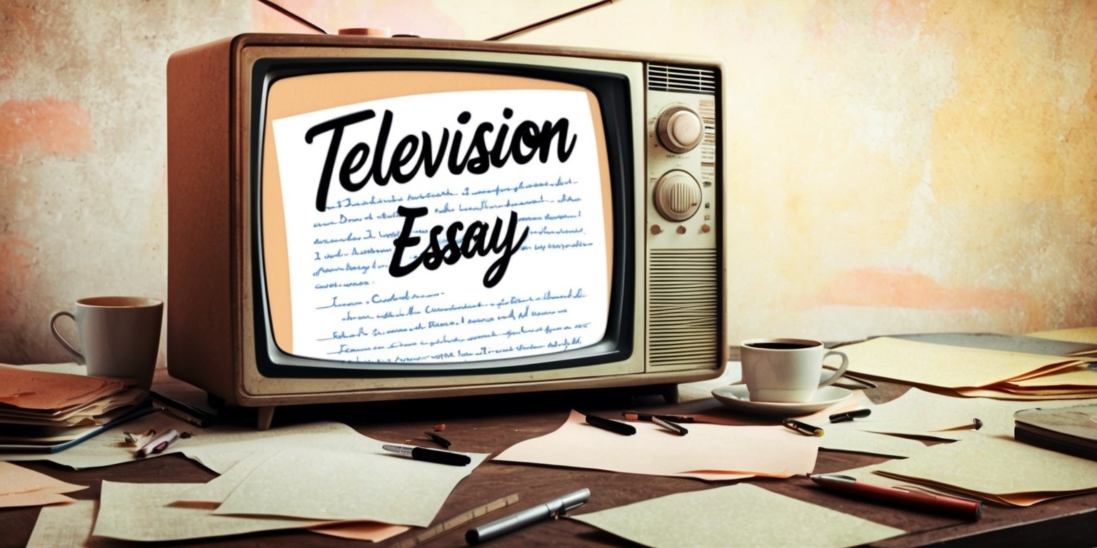 A vintage-style television set sits atop a cluttered desk, surrounded by scattered sheets of paper, pens, and empty coffee cups, as if in the midst of a late-night writing session, with a single sheet of paper on the screen displaying a half-written essay in bold, cursive script, the words  Television Essay emblazoned across the top in a stylized, retro font, amidst a warm, muted color palette of earthy tones and soft pastels, evoking a sense of nostalgia and creative chaos, with subtle hints of worn wood and aged paper textures throughout the scene.