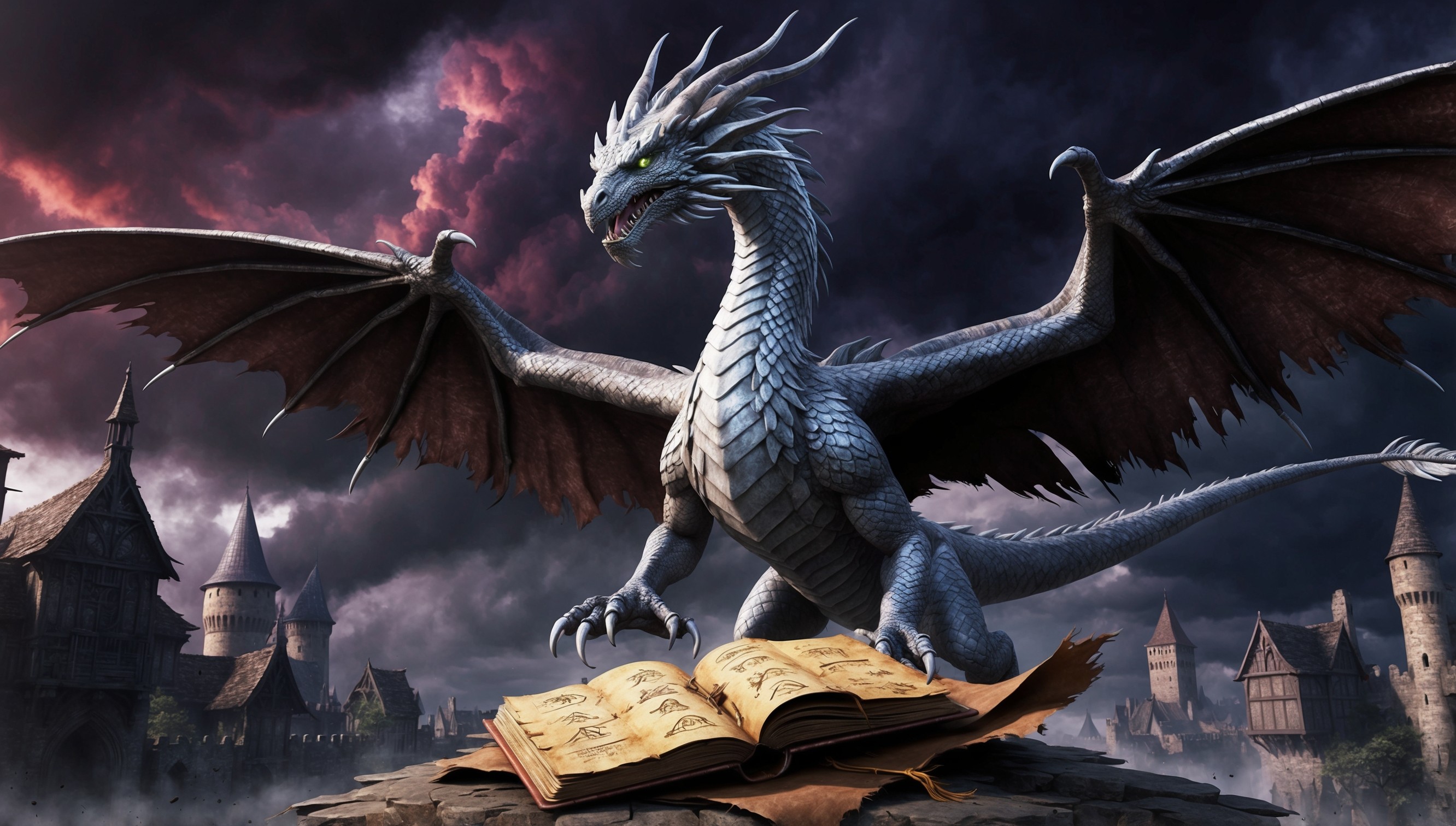 A sweeping, cinematic illustration of a fantastical world inspired by Dragon Age: The Veilguard game, set against a dark, foreboding sky with clouds of deep purple and crimson hues, hinting at an ominous stormscape. In the foreground, a regal, majestic dragon with scales of polished silver and grey, its wings outstretched, prepare to take flight, its piercing emerald green eyes fixed on some distant threat. Amidst the dragon's claws, a worn, leather-bound tome lies open, its yellowed pages fluttering in the wind, with ancient runes and mysterious symbols etched into the parchment. Surrounding the dragon, a scattering of medieval-style buildings, with crumbling stone walls, turrets, and steeples, as if an ancient, forgotten city lies in ruins. The atmosphere is tense, foreboding, with an air of impending doom, evoking the sense of high fantasy and adventure that defines the Dragon Age universe.