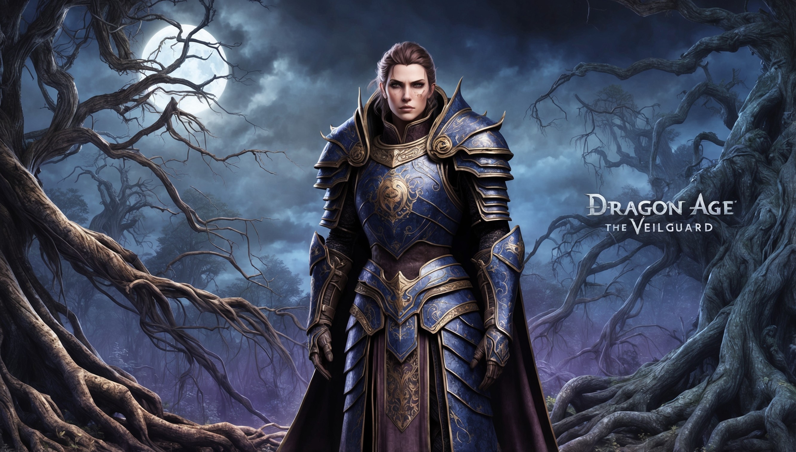 A sweeping, atmospheric illustration of the fantastical world of Dragon Age: The Veilguard, set against a backdrop of mysterious, moonlit skies and sprawling, ancient forests, with twisted tree limbs and gnarled roots that seem to hold secrets of their own. In the foreground, a heroic figure stands tall, clad in ornate, intricately designed armor adorned with the emblem of the Veilguard, their facial features strong and determined, with an unwavering gaze that exudes a sense of duty and loyalty. The armor itself is a masterclass in worn, battle-hardened elegance, with subtle scratches and dents that tell the story of countless battles fought and won. The color palette is a rich tapestry of deep blues, purples, and golds, evoking a sense of mysticism and wonder, while the overall style blends the intricate details of medieval illuminated manuscripts with the bold, dynamic lines of modern fantasy illustration.