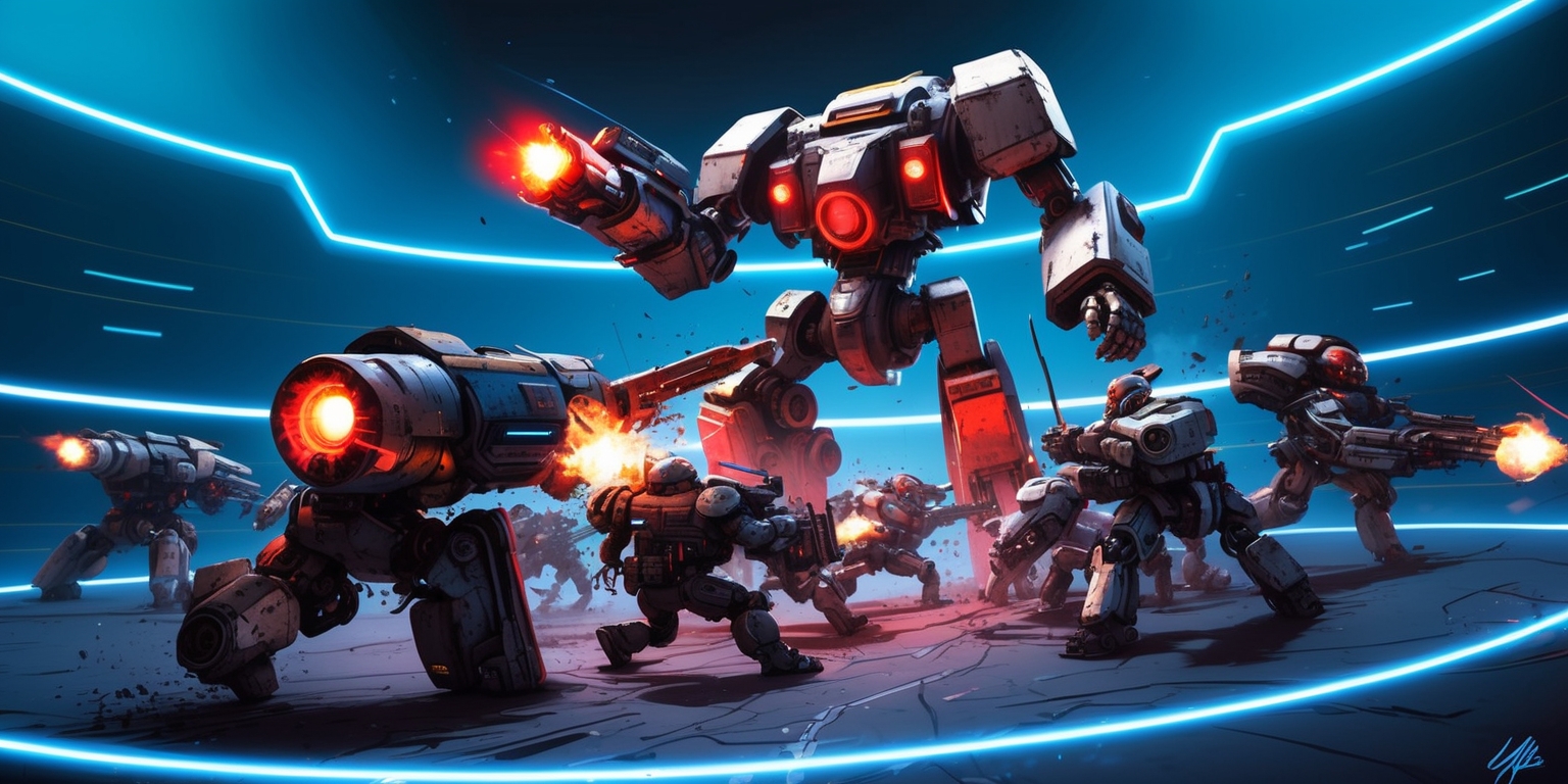 A futuristic, high-energy illustration of a chaotic Units Battlegrounds game scene, set against a dark, gradient blue background, with neon-lit accents and pulsing, electric blue lines tracing the contours of the arena. In the foreground, a diverse group of units, each with unique, sci-fi inspired designs, clash in mid-battle, their metallic bodies reflecting the vibrant hues of the environment. One unit, a towering mech with glowing red optics, stands tall, its massive arm cannon blazing with energy, while a swarm of smaller, agile units dodge and weave around its feet. The units' surfaces are weathered and worn, with scratches and scuffs that hint at the intensity of the battle. The overall aesthetic is a mix of gritty realism and stylized, comic book-inspired visuals, with bold lines, dynamic composition, and an emphasis on action and movement.