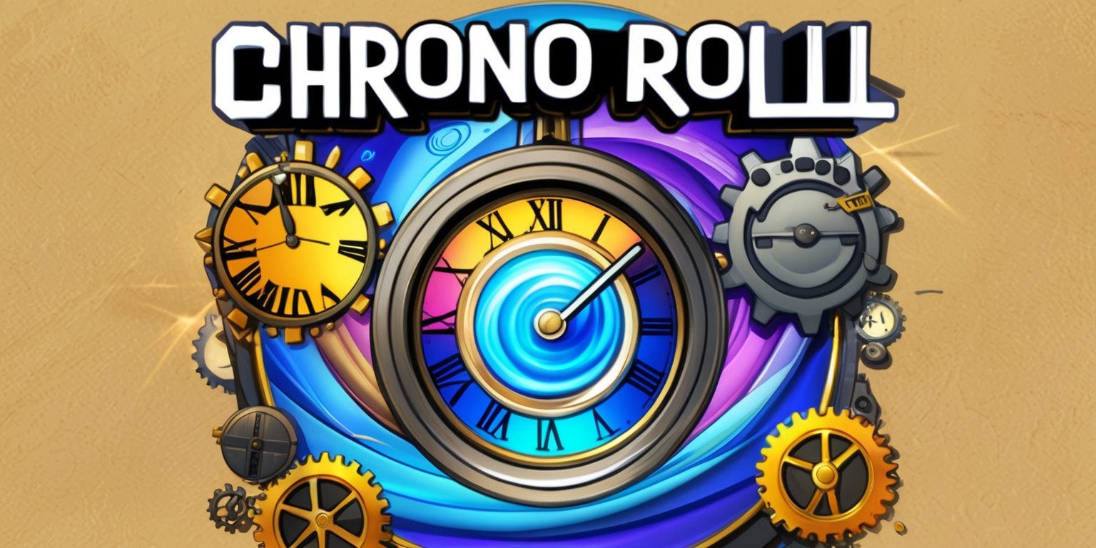A colorful digital illustration of the Chrono Roll game, featuring a central time-traveling portal with swirling blue and purple hues, surrounded by a mix of retro-futuristic and ancient elements, including Roman numerals, gears, and a prominent clock face with bold black lines and bright gold accents, set against a warm beige background with subtle texture, with the game's title Chrono Roll emblazoned in bold, modern font with a metallic sheen, in a bright silver color, at the top of the image, and a few subtle shadows and lighting effects to enhance depth and visual interest.