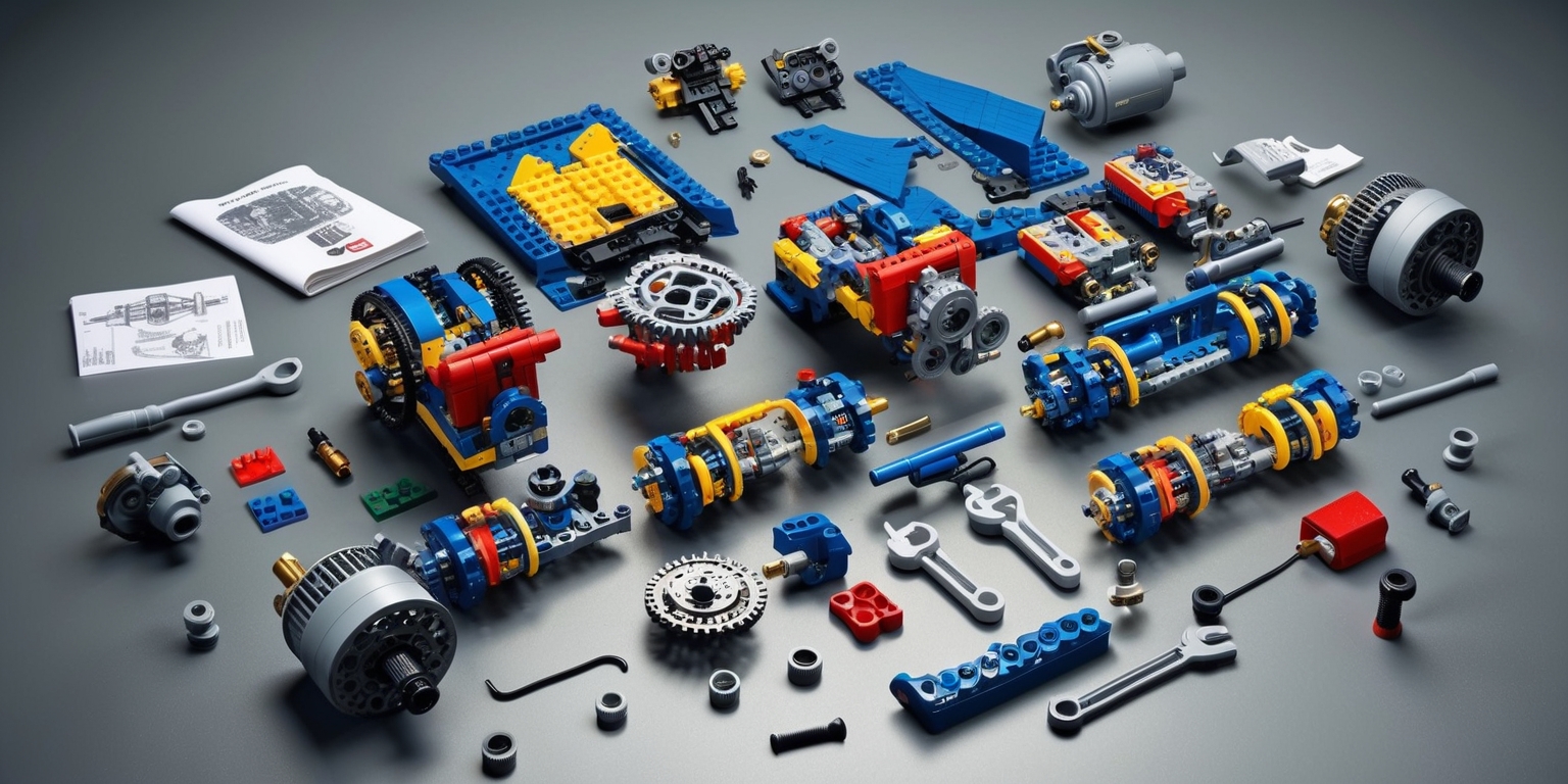 A highly detailed and colorful Lego Technic set, consisting of intricate mechanical components, gears, and motors, laid out in a visually appealing arrangement on a sleek, grey background, with various parts and tools scattered around, including wrenches, screwdrivers, and instruction manuals, all made up of vibrant Lego bricks in shades of blue, red, yellow, and silver, with a mix of straight and curved lines, and a sense of depth and texture, capturing the essence of engineering and construction, with a focus on the complex interlocking mechanisms and the excitement of building and creating something new.