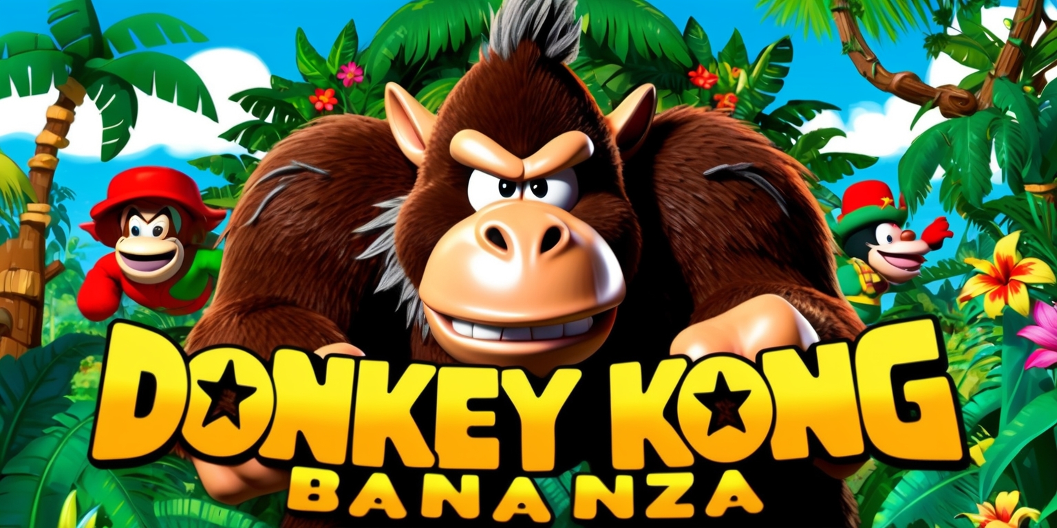 A vibrant and lively illustration of the Donkey Kong Bananza game, with a classic arcade-inspired aesthetic, featuring a massive Donkey Kong in the center, surrounded by lush green jungle environments, with colorful tropical flowers and trees, and a bright blue sky, the game's title in bold, yellow, pixelated font with a fun, playful style, Donkey Kong's fur is a deep brown color, with a few wisps of grey, his eyes are a piercing brown, and he has a fierce expression, in the background, a few characters from the game, including Diddy Kong and Cranky Kong, are visible, with Diddy Kong having a bright red hat and a big smile, and Cranky Kong having a scowl on his face, the overall mood is energetic and adventurous, with a dynamic layout and framing that draws the viewer's eye to the center of the image.