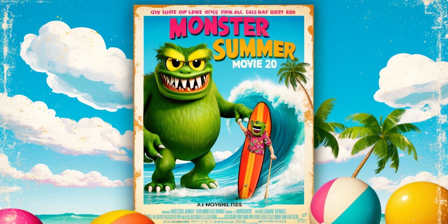 A vibrant, nostalgic illustration of a retro-style monster Summer movie poster, set against a bright blue sky with fluffy white clouds, featuring a giant, friendly green monster with sharp teeth and glowing yellow eyes, wearing sunglasses and a Hawaiian shirt, holding a surfboard and standing in front of a massive wave, surrounded by palm trees and colorful beach balls, with bold, playful font titles and credits in shades of pink, orange, and yellow, and a worn, vintage texture to evoke a sense of classic summer fun.