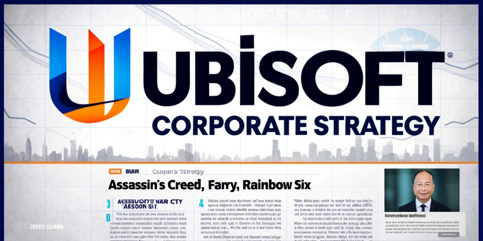 A news article with a bold headline reading Ubisoft Corporate Strategy in a modern sans-serif font, situated atop a subtle background image of the Ubisoft logo, featuring a stylized letter U in blue and orange hues, with a faint grid of news ticker tapes and financial charts in the background, the article's text is written in a clear and legible font, with key terms such as Assassin’s Creed, Far Cry, and Rainbow Six highlighted in bold, alongside a smaller inset image of a person, likely a Ubisoft executive, with a neutral expression, fair skin, and professional attire, standing in front of a cityscape or a gaming console, with a subtle hint of the Tencent logo nearby, the overall color scheme is a mix of Ubisoft's signature blue and orange, with accents of gray and white, conveying a sense of professionalism and cutting-edge technology.