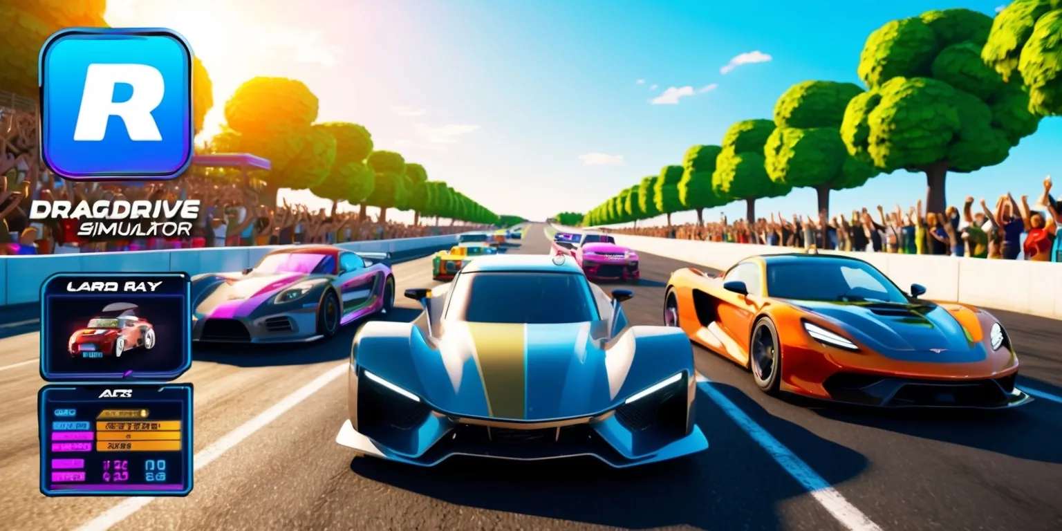 A vibrant and dynamic screenshot of the Drag Drive Simulator Roblox game, set against a bright sunny day with a clear blue sky, featuring sleek and customized cars with bold colors and metallic sheens, speeding down a long and winding asphalt track lined with lush green trees and cheering crowds, with players' avatars standing near their vehicles, wearing trendy outfits and big smiles, and a user interface displaying player stats and game menus in a futuristic and high-tech style, with bold fonts and neon hues, and the Roblox logo prominently displayed in the top left corner in a rounded rectangular shape with a white and blue color scheme.
