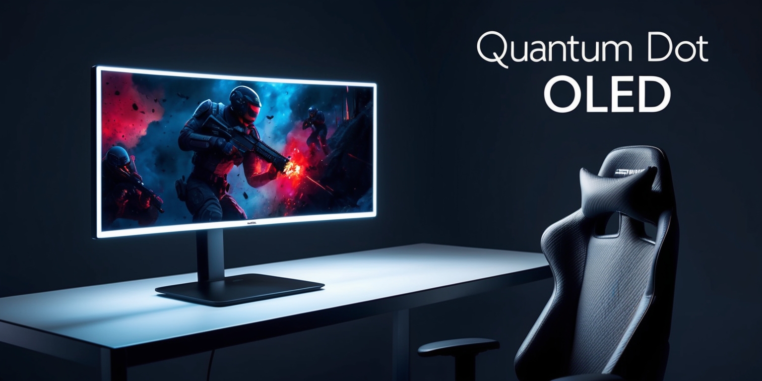 <updated_prompt>
A sleek, high-contrast Quantum Dot gaming monitor sits on a minimalist desk, its slim frame and rounded edges reflecting the surrounding dimly lit room, illuminated only by the monitor's glow. The screen displays a vibrant, action-packed game scene, with deep blues and reds, showcasing the monitor's color accuracy and OLED technology. In the top-right corner, a sleek, modern font reads Quantum Dot OLED in silver letters, subtly gradiented to match the monitor's bezel. A single, ergonomic gaming chair with a subtle, carbon-fiber pattern sits empty in front of the desk, positioned at a slight angle to draw attention to the monitor. The overall aesthetic is dark, moody, and high-tech, evoking a sense of immersion and gaming performance.