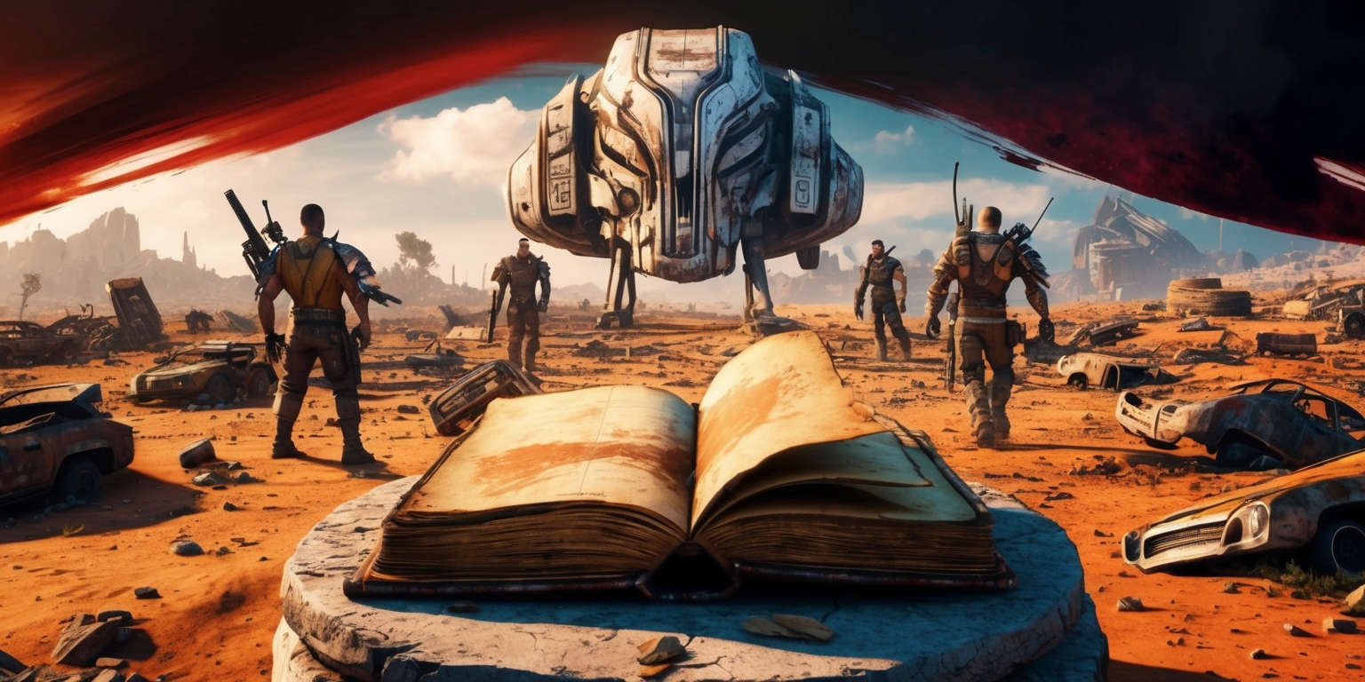 A vibrant, post-apocalyptic landscape with rugged terrain, scattered debris, and a dusty, orange-brown color palette, set in the world of Borderlands 4, with a prominent, weathered, stone-like monument in the foreground, and a faded, worn, brown leather-bound book lying open on top, showcasing the game's title in a bold, distressed, metallic font, with a few, tattered, yellowed pages blowing in the wind, and a massive, hulking, metallic vault looming in the background, surrounded by a few, scattered, worn, brown and silver-clad Vault Hunters, each with unique, intricate, tribal-like tattoos, and menacing, high-tech weaponry, amidst a sea of rusted, old, abandoned vehicles, and shattered, broken, concrete buildings, under a ominous, dark, foreboding sky with streaks of deep, bloody red and purple hues.