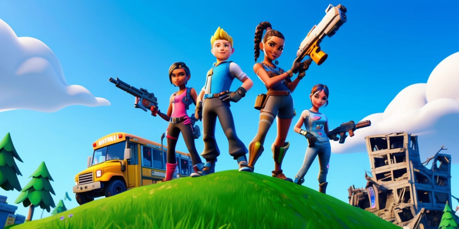 A vibrant, action-packed illustration of a Fortnite game scene, set against a bright blue sky with fluffy white clouds, featuring a group of diverse characters, including a young boy with a bright smile and a girl with braided hair, both wearing colorful outfits and equipped with futuristic weapons, standing atop a hill overlooking a bustling Battle Bus in the distance, surrounded by lush green trees and destroyed buildings, with a hint of cartoonish, stylized visuals and bold lines, reminiscent of the game's iconic art style.