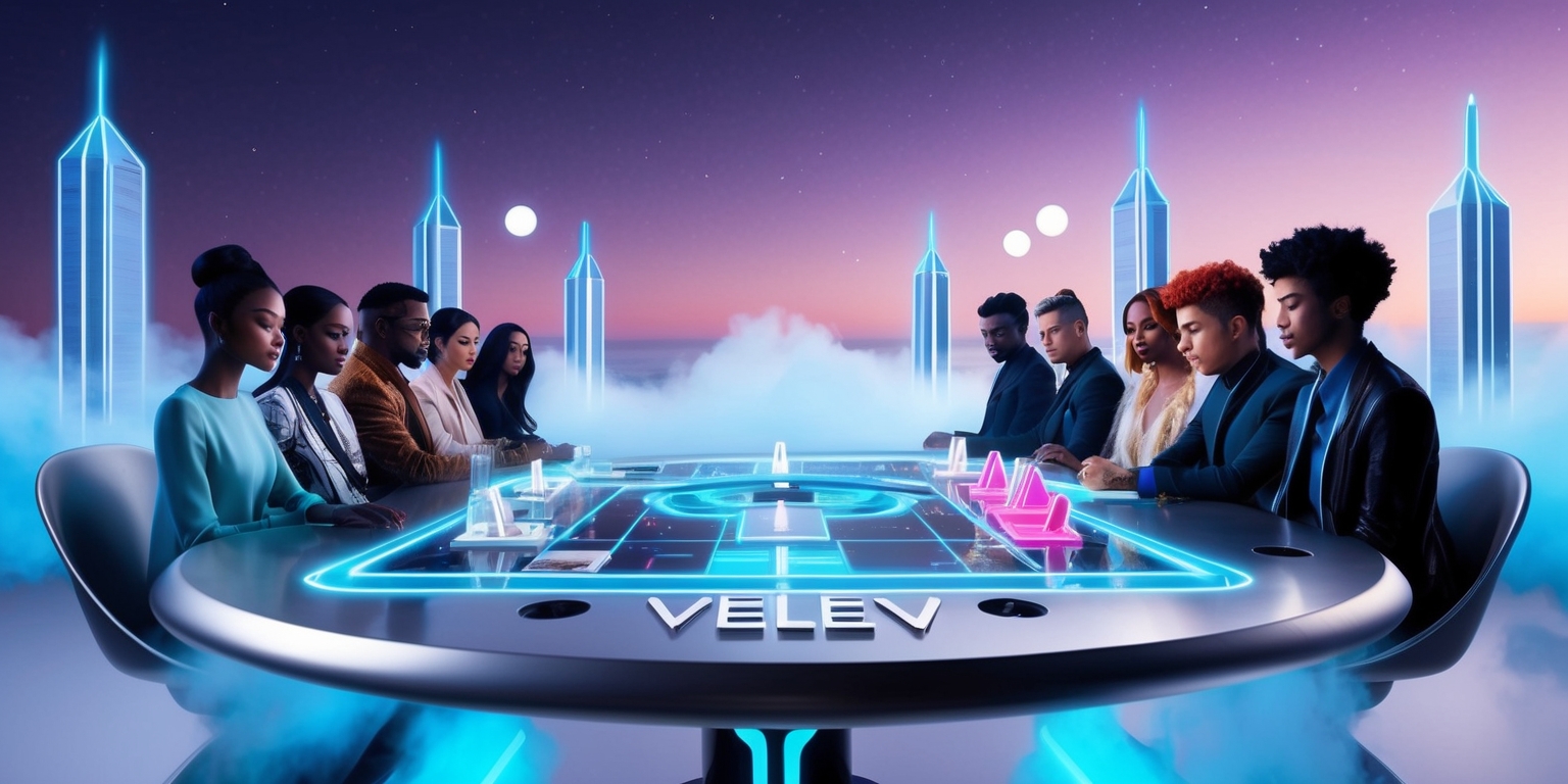 A vibrant, futuristic scene depicting a high-tech board game called Velev being played on a sleek, silver table surrounded by minimalist, neon-lit skyscrapers, with translucent game pieces and glowing blue lines connecting them, set against a deep, starry night sky with a subtle, gradient purple hue, lit by a few hovering, spherical lamps emitting a soft, white glow, as a group of diverse, stylishly-dressed friends, each with unique hairstyles, facial features, and skin tones, intently focus on their next move, amidst a haze of soft, blue mist rising from the table's edges.