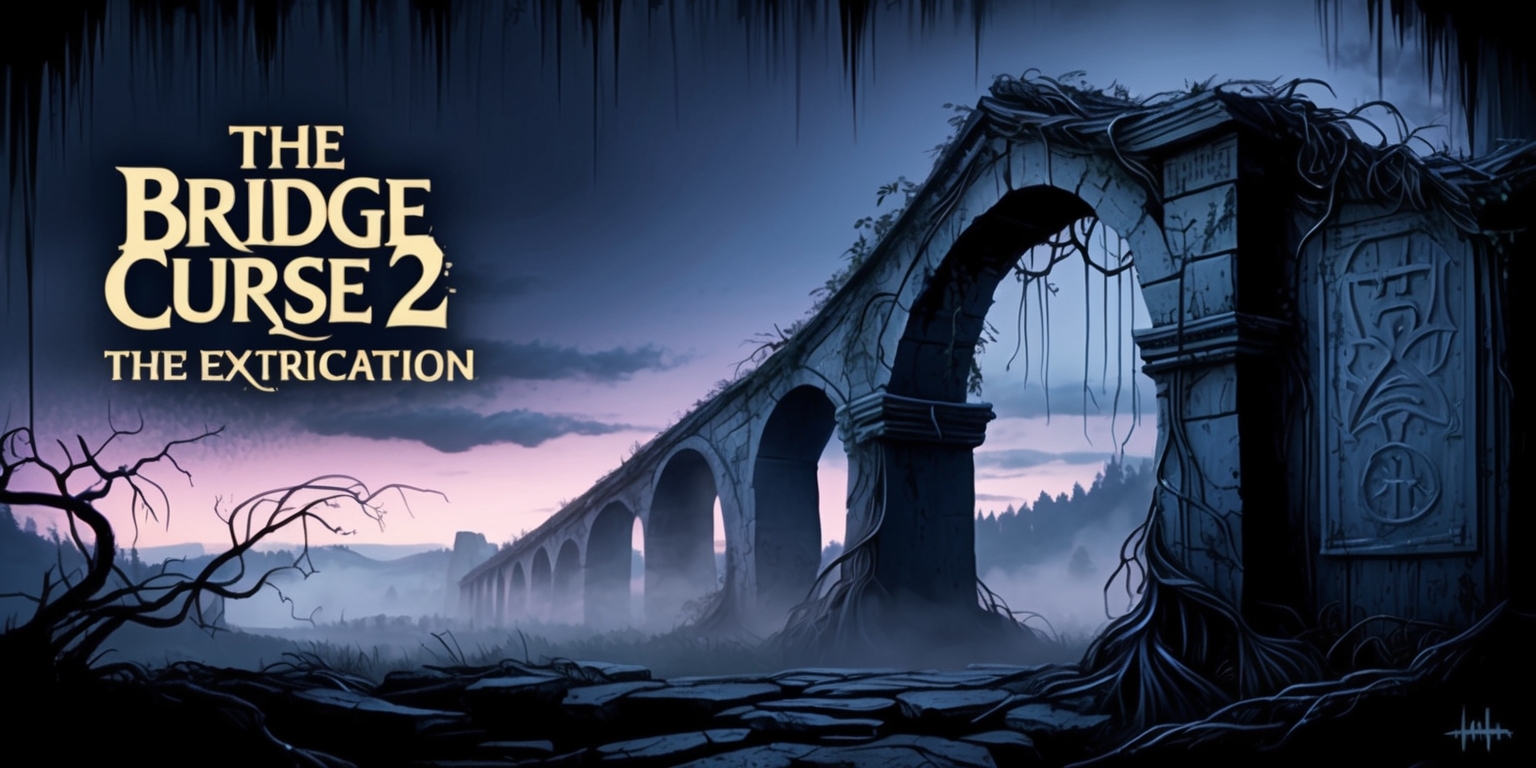 A haunting and mysterious digital illustration of The Bridge Curse 2: The Extrication game, set against a dark and ominous twilight sky with subtle hints of eerie blue and purple hues, evoking a sense of foreboding and dread. In the foreground, a decrepit and ancient stone bridge stands, overgrown with vines and twisted roots, with faint wisps of mist curling around its decaying pillars. The bridge's stone surface is weathered and worn, with intricate carvings of strange symbols and cryptic markings etched into its surface. The atmosphere is tense and unsettling, with an air of malevolent presence lurking just out of sight. The illustration style is a mix of realism and stylized horror elements, with sharp lines, bold shading, and an emphasis on textures and details. The title The Bridge Curse 2: The Extrication is emblazoned across the top of the image in bold, gothic-inspired lettering, with the font dripping with an otherworldly essence.