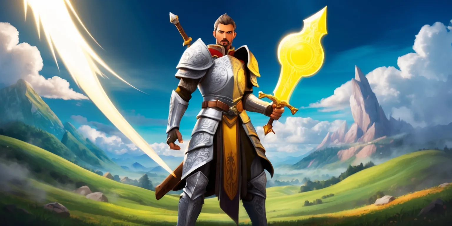 Eternal Sword Pact game scene with a fantasy warrior standing heroically in the center, wearing a suit of silver armor adorned with intricate engravings, holding a glowing sword with a blade that shines like the sun, set against a backdrop of a mystical realm with rolling hills and towering mountains, the sky above a deep shade of blue with fluffy white clouds, the overall atmosphere filled with a sense of adventure and bravery, the warrior's facial features strong and determined, with a fierce gaze and a hint of a smile, the armor and sword rendered in exquisite detail, with a mix of bright and muted colors, the layout balanced and symmetrical, with the warrior positioned prominently in the frame.