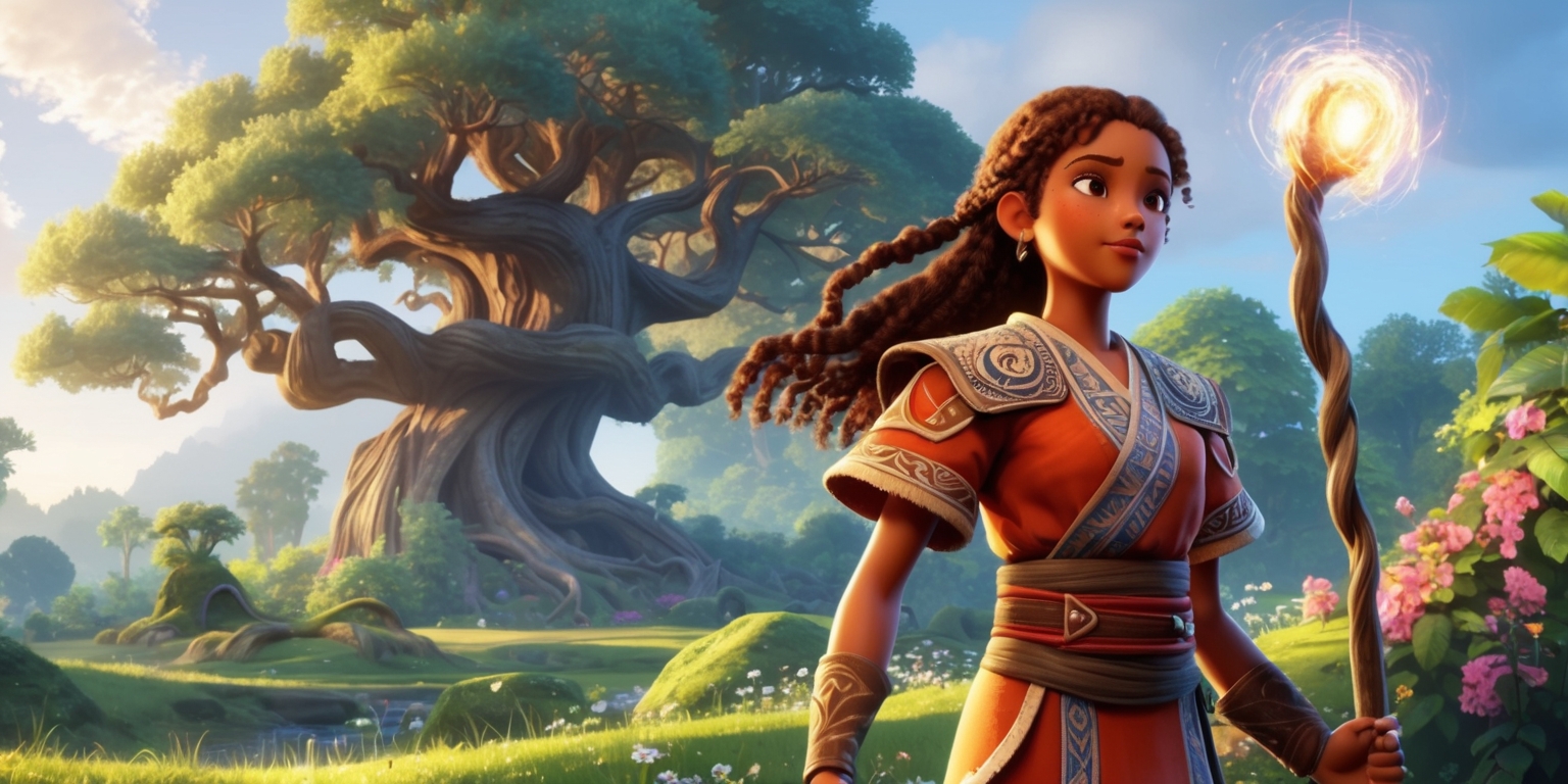 A serene and mystical scene depicting Kena, the protagonist from the action-adventure game Bridge of Spirits, standing at the edge of a lush, vibrant forest, with a majestic, ancient tree looming in the background, its branches twisted and gnarled with age. Kena, a determined and courageous young spirit guide, has long, curly brown hair and warm, golden-brown skin, with a focused expression on her face, her bright, inquisitive eyes gazing out into the distance. She wears a traditional, ornate outfit adorned with intricate, mystical symbols and carries a sturdy wooden staff in her right hand, its tip glowing with soft, pulsed light. The atmosphere is peaceful, with soft, feathery clouds drifting lazily across the sky, casting dappled shadows on the forest floor, and the air is filled with the sweet scent of blooming flowers. The overall style is fantastical, with bold, vibrant colors and intricate details, evoking a sense of wonder and magic.