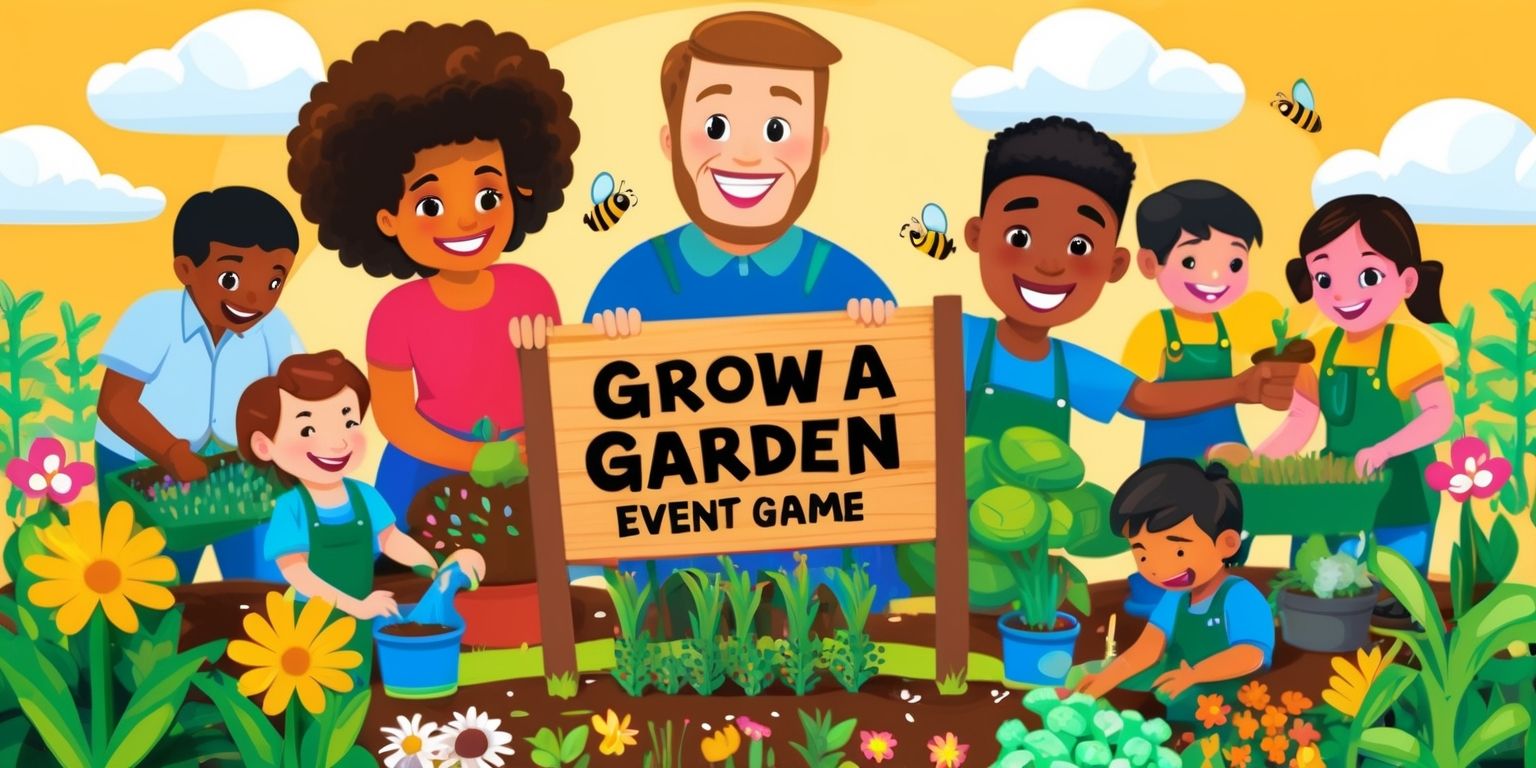 A vibrant illustration of a community coming together for the Grow A Garden event game, set against a warm sunny background with fluffy white clouds, featuring people of diverse ages and skin colors, including a woman with curly brown hair and a bright smile, a man with a green thumb and a kind face, and children with excited expressions, all working together to plant seeds, water flowers, and harvest crops, surrounded by colorful gardening tools, lush greenery, and blooming flowers, with a large wooden sign in the center that reads Grow A Garden in bold, playful letters, and a few butterflies and bees flying around, adding a sense of joy and whimsy to the scene.