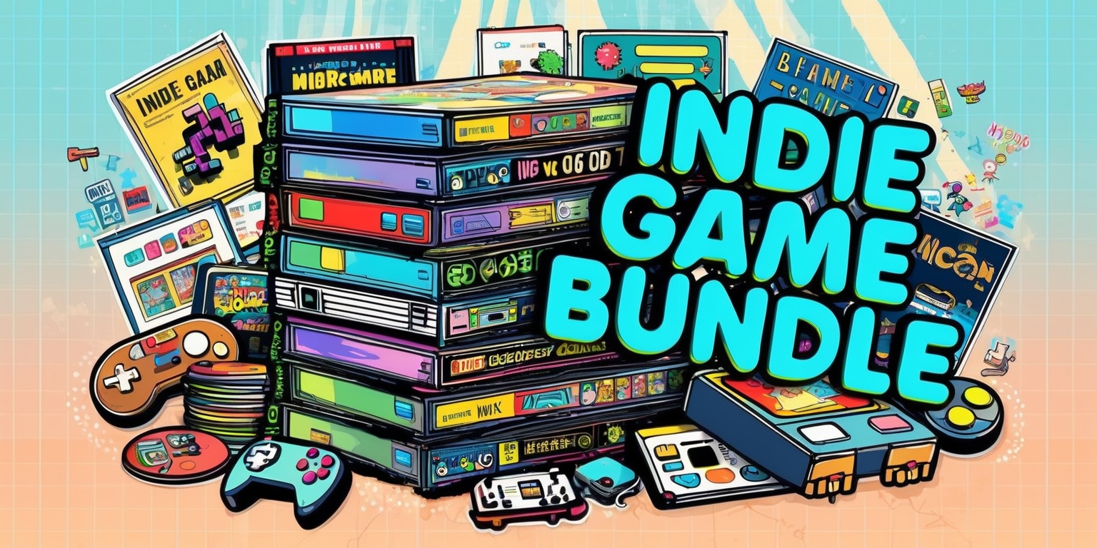 A vibrant and colorful illustration of a bundled stack of vintage-style indie game cartridges, CDs, and cassettes, surrounded by nostalgic gaming accessories like old-school controllers, pixel art stickers, and retro-themed posters, set against a warm, pastel blue background with subtle grid textures, evoking a sense of nostalgic gaming nostalgia, with bold, playful typography announcing the Indie Game Bundle in a stylized, neon-lit font, complete with glow effects and subtle animations, as if the bundle is about to come to life, with the overall composition bursting with energy and excitement, inviting the viewer to dive into a world of innovative and quirky gaming experiences.