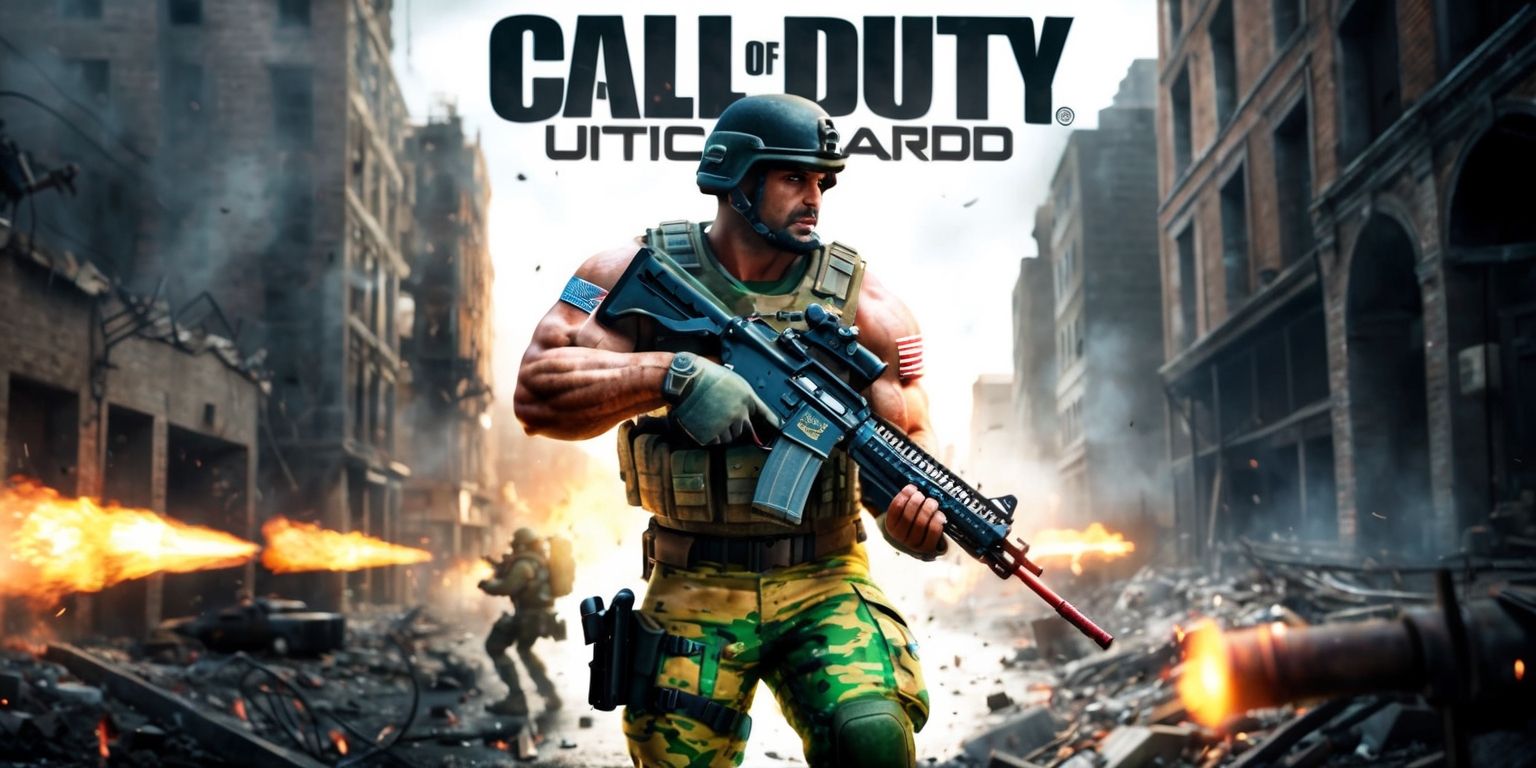 A dramatic scene from a Call of Duty game, set in a war-torn cityscape with crumbling buildings and debris-strewn streets, featuring a muscular soldier with a determined expression, wearing a mix of tan and green camouflage fatigues, a black tactical helmet, and carrying a high-tech assault rifle, with a faint American flag patch on his shoulder, standing heroicly in the midst of chaos, surrounded by smoke, fire, and flashing muzzle flares, with a gritty, cinematic aesthetic, vibrant colors, and dynamic lighting, emphasizing the intensity of the battle, with the game's logo emblazoned in bold, metallic font at the top of the image.