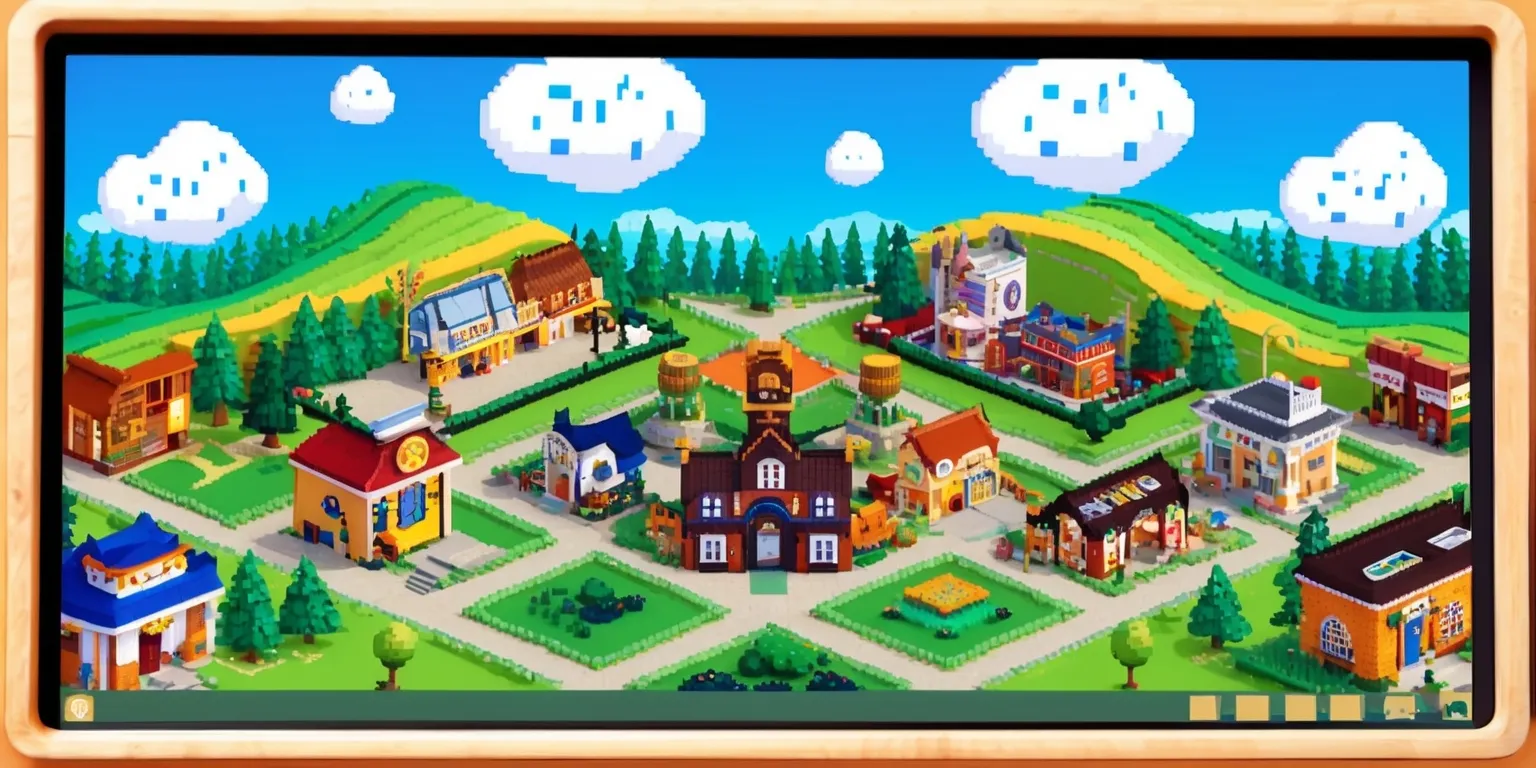 Retro Valley simulation game with a vibrant nostalgic atmosphere, featuring a stylized digital landscape of a quaint town surrounded by rolling hills and dense forests, rendered in a colorful pixel art style with bold lines and exaggerated textures, set against a bright blue sky with puffy white clouds, with various buildings and structures such as a town hall, shops, and houses, each with unique architectural details and colorful accents, and populated by simplified character models with distinct facial features and expressive animations, with a user interface and game menus designed to resemble classic video games, including pixelated fonts and iconic video game symbols, all presented in a widescreen layout with a subtle border and frame that resembles a vintage computer monitor.