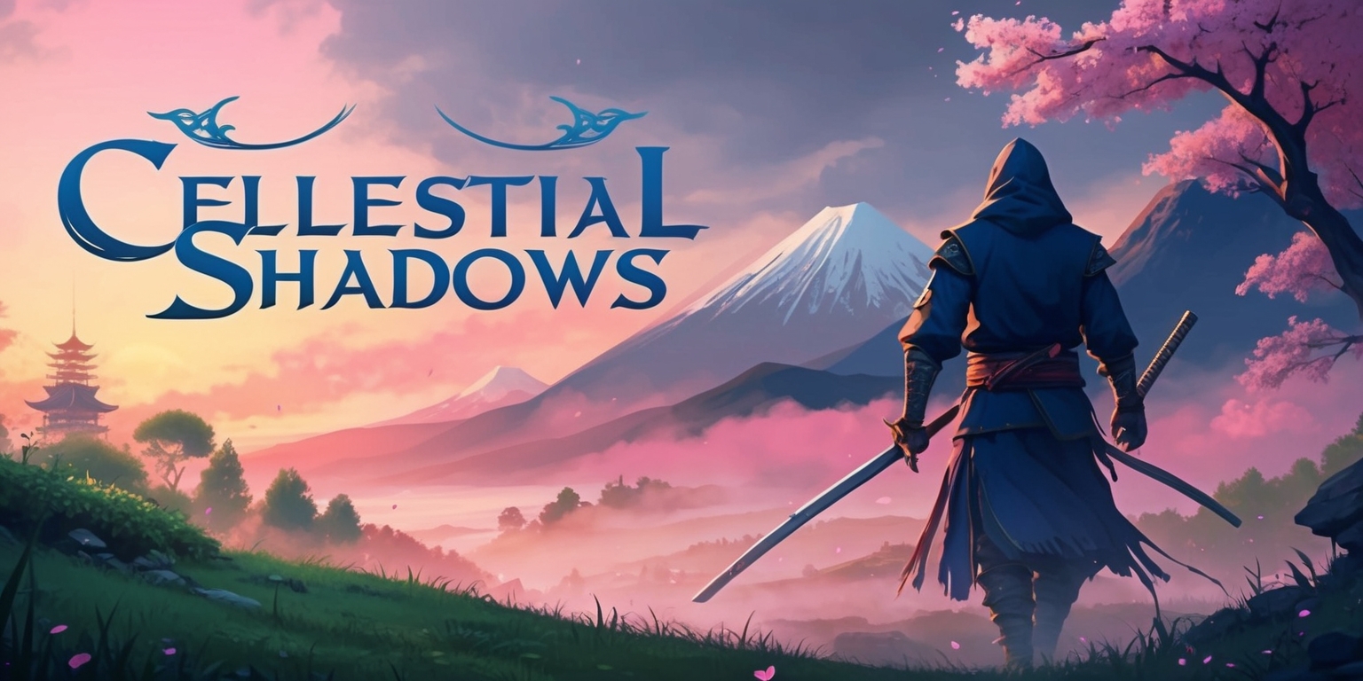 A serene Japanese landscape at dusk with a lone ronin figure in the distance, set against a backdrop of vibrant orange and pink hues, with majestic mountains and lush green forests, blending traditional and modern elements, incorporating subtle hints of vengeance and combat through the ronin's determined stride and the faint glow of cherry blossom trees, with a faint mist hovering over the landscape, and the ronin's face partially obscured by a hood, conveying a sense of mystery and emotional depth, with the game's title Celestial Shadows emblazoned in bold, elegant font across the top of the image in a deep blue color, evoking a sense of wonder and adventure.